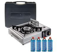 Réchaud gaz portable INOX KEMPER allumage piezo + 4 cartouches gaz Gris