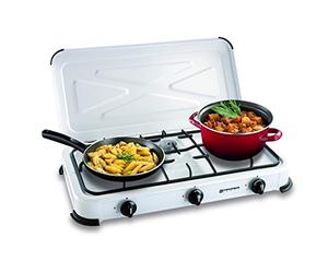 KEMPER - Réchaud Gaz Portable 3 Feux 3450W Blanc Laqué - Plaque de Cuisson Gaz Camping, Cuisinière Gaz Extérieur Butane Propane, Brûleurs Inox, Couvercle Amovible, Camping-Car Cuisine Mobile