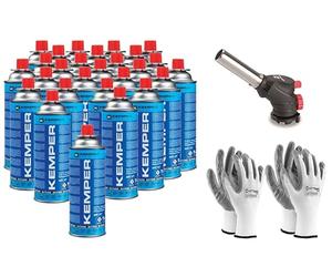 Kemper Torche à Gaz Chalumeau de Cuisine, Caramellateur + Recharge de Gaz Butane 227 g Multifonction + 2 Paire Gants Hommage (27 Butane + Cannel)