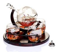 Kemstood Carafe Whisky Globe Gravée (850ml)| Un Must Pour Les Amateurs de Whisky | 4 Verre Whisky Élégants et Base en Bois | Ensemble de Whisky en Coffret Cadeau Homme | Apprécié par Les Connaisseurs
