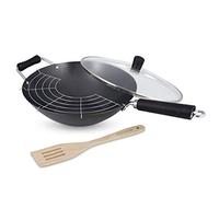 Ken Hom Ensemble de Wok Acier au Carbone, 31cm, Excellence, Set de 4 Pièces/Poele Wok Induction avec Couvercle en Verre, Grile Spatule en Bois, Passe au lave-vaisselle, Garantie de 2 ans, KH431041