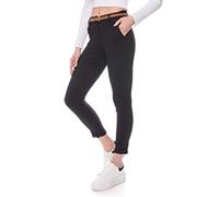 Kendindza Pantalon chino stretch pour femme avec ceinture Pantalon en tissu élégant long, Noir , M