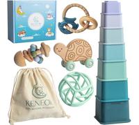 KENEOR Coffret d'Éveil Bébé 3-36 Mois, Jouet Bébé 6 Mois, Cadeau Naissance | Coffret 5-en-1 bois et silicone : balle sensorielle bébé, anneau dentition, hochet, cubes empilables, tortue 10M+, sac