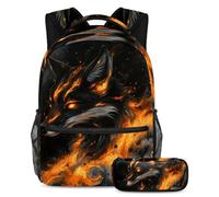 KengjuTesu Ensemble sac à dos 2 pièces pour garçons et filles - Grande capacité - Cartable Fox Fire avec trousse à crayons - Parfait pour les étudiants, les adolescents, les voyages et la randonnée,