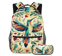 KengjuTesu Ensemble sac à dos 2 pièces pour garçons et filles, grande capacité, motif colibri, sac d'école avec trousse à crayons, parfait pour les étudiants, les adolescents, les voyages et la