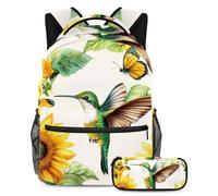 KengjuTesu Ensemble sac à dos 2 pièces pour garçons et filles, grande capacité, tournesol, papillon, colibri, cartable avec trousse à crayons, parfait pour les étudiants, les adolescents, les voyages