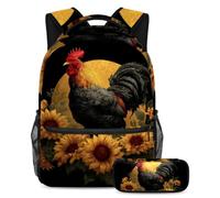 KengjuTesu Ensemble sac à dos 2 pièces pour garçons et filles, grande capacité, tournesols, coq, mooon, cartable avec trousse à crayons, parfait pour les étudiants, les adolescents, les voyages et la