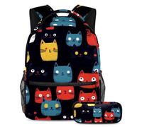 KengjuTesu Lot de 2 sacs à dos pour garçons et filles, grande capacité, motif chats de dessin animé, cartable avec trousse à crayons, parfait pour les étudiants, les adolescents, les voyages et la