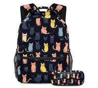KengjuTesu Lot de 2 sacs à dos pour garçons et filles, grande capacité, motif chats de dessin animé, cartable avec trousse à crayons, parfait pour les étudiants, les adolescents, les voyages et la