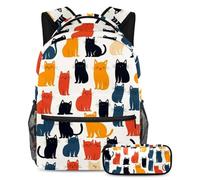 KengjuTesu Lot de 2 sacs à dos pour garçons et filles, grande capacité, motif chats de dessin animé, cartable avec trousse à crayons, parfait pour les étudiants, les adolescents, les voyages et la