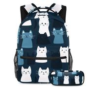 KengjuTesu Lot de 2 sacs à dos pour garçons et filles, grande capacité, motif chats de dessin animé, cartable avec trousse à crayons, parfait pour les étudiants, les adolescents, les voyages et la