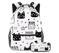 KengjuTesu Lot de 2 sacs à dos pour garçons et filles, grande capacité, motif chats de dessin animé, cartable avec trousse à crayons, parfait pour les étudiants, les adolescents, les voyages et la
