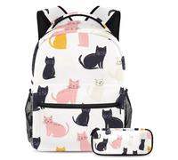 KengjuTesu Lot de 2 sacs à dos pour garçons et filles, grande capacité, motif chats de dessin animé, cartable avec trousse à crayons, parfait pour les étudiants, les adolescents, les voyages et la