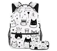 KengjuTesu Lot de 2 sacs à dos pour garçons et filles, grande capacité, motif chats de dessin animé, cartable avec trousse à crayons, parfait pour les étudiants, les adolescents, les voyages et la