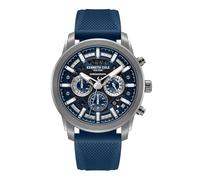 Kenneth Cole New York Montre chronographe pour homme - Boîtier en acier inoxydable de 44 mm avec cadran bleu, accents en bronze, affichage de la date et bracelet en silicone bleu