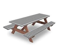 KENOBEE Ensemble de 3 Nappes de Table de Pique-nique avec Envers en Flanelle et Bords Élastiques, Imperméable, Facile à Nettoyer, pour Intérieur ou Extérieur, Terrasse, Noir et Blanc