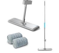 Kenshire Balai plat avec plaque en aluminium de 400 mm avec 2 serpillères en microfibre réutilisables, manivelle sans mains, manche en alliage d'aluminium de 134 cm, balais auto-essorants pour sols