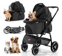 Kenyone Poussette multifonction 3 en 1 pour animal domestique, système de voyage à 4 roues pliable en alliage d'aluminium pour chiens et chats de petite et moyenne taille (noir)