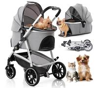 Kenyone Poussette pour animal domestique, système de voyage multifonction 3 en 1 à 4 roues pliable en alliage d'aluminium pour chiens et chats de petite et moyenne taille (gris)