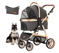 Kenyone Poussette pour chien et chat de petite et moyenne taille avec poignée réglable, panier de rangement, légère et pliable, sans fermeture éclair, capacité de charge 27,2 kg, noir