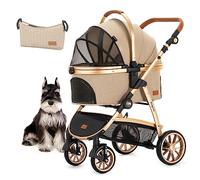 Kenyone Poussette pour chien et chat de petite et moyenne taille avec poignée réglable, panier de rangement, légère et pliable, sans fermeture éclair, capacité de charge 27,2 kg, kaki