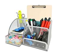 KEPEAK Rangement de Bureau Multifonctionnel, Organisateur de Bureau en Filet Simple avec Tiroir Coulissant, Porte-Stylo Peu Encombrant (Gris)