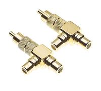 Keple Adaptateur répartiteur RCA, Lot de 2 - Répartiteur Phono 50 ohms 1 à 2 avec boîtier en Laiton plaqué Or, Adaptateur 1 mâle vers 2 Femelles RCA pour Audio et vidéo