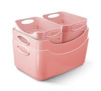 KEPLIN Lot de 6 paniers de rangement en plastique rose avec poignées pour l'organisation à la maison et au bureau, étagères, tiroirs, cuisine et placards (rose, lot de 6)