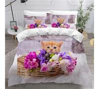 KEPOLA Parure De Lit Chat 1 Personne Housse De Couette 140x200 Enfants Garçons Filles 3D Motif Fleurs Animaux De Compagnie Douce Microfibre avec Fermeture Éclair avec Taie d'oreiller 50x75cm