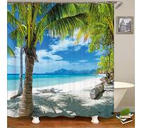 KEPPD 3D Plage Paysage Rideaux De Douche Mer Océan Méditerranée Salle De Bains Rideau Extra Long Tissu Imperméable Baignoire Décor Rideau De Bain-XXL 180X180cm Rideau De Douche