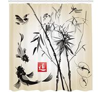 KEPPD Rideau de Douche de Style Chinois Extra Long Oiseaux Poissons et Feuilles de Bambou Peinture à l'encre Abstraite Housse de Bain en Tissu Polyester -XXL 100x180cm(39X71inch) Rideau de Douche