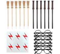 KEPYATI 24 Pièces Crayons De Baguette Magique Et De Balai Ensemble Avec Magiciens Lunettes Et Tatouages Foudre Pour Soirée Magique Décor Cadeau Fête Récompenses Scolaires (6 De Chaque)