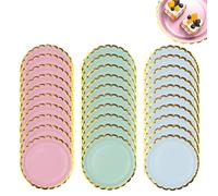 KEQAR 30 pièces Assiettes Jetables Festonnées, Assiettes en Carton, Dorées, Vaisselle Jetable pour Anniversaire, Barbecue, Fête, Douche de Bébé, Mariages (7 pouces) (Bleu, Vert, Rose)