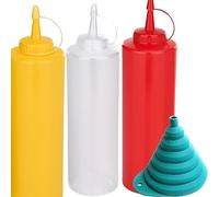 Kerafactum® - Set Bouteille Souple pour Majo Moutarde Flacon Recharge Flacon doseur GARNIER collation Squeezebox Blanc Rouge et Jaune 700 ML avec Entonnoir - Convient Aussi comme Shaker à Vinaigrette