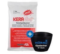 Keraflott Poudre de coulée en relief blanche 1 kg avec gobelet en plâtre kör4u pour mélanger, couler et bricoler