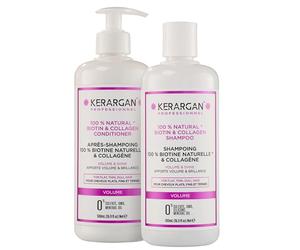 Kerargan - Duo Volumisant Shampoing & Après-shampoing à la Biotine & Collagène Cheveux Plats, Fins et Ternes - Booste Brillance & Structure - Sans Sulfate, OGM, Silicone, Huile Minérale - 2x500ml