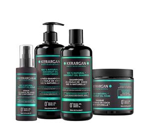 Kerargan - Ensemble Hydratant Shampoing, Après-Shampoing, Masque & Sérum à l’Huile de Coco - Soin Complet pour Cheveux Déshydratés, Abîmés - Sans Sulfate, OGM, Silicone - 3x500 ml + 100ml