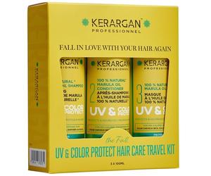 Kerargan - Kit de Voyage Protecteur UV & Couleur à l'Huile de Marula pour Cheveux Secs et Colorés - Shampoing, Après-Shampoing, Masque - Sans Sulfate, OGM, Huile Minérale - 3x100ml