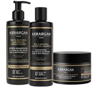Kerargan - Trio Anti-Chute Shampoing, Après-shampoing & Masque à l’Huile de Ricin pour Cheveux Secs, Cassants ou Dévitalisés - Accélère la Croissance Capillaire - Sans Sulfate, Silicone - 3x250ml