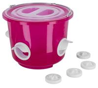 Kerbl Hobbyfarming Seau à Nourriture, Distributeur de Nourriture, avec Couvercle, poignée et 4 Ouvertures, Rose Transparent, 38x33x36,5cm, 12l, à Suspendre ou à Poser