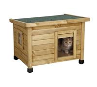 Kerbl Maison pour chat en bois Rustica, porte à lamelles, fenêtre en plexiglas, pieds en plastique réglables en hauteur, marron/vert, 57 x 45 x 43 cm