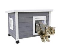 Kerbl Maison pour chats Rustica en bois, porte à lamelles, fenêtre en plexiglas, pieds en plastique réglables en hauteur, Gris/Blanc, 57 x 45 x 43 cm