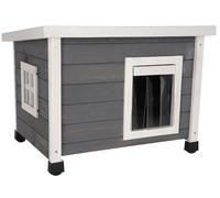Kerbl Maison pour chats Rustica en bois, porte à lamelles, fenêtre en plexiglas, pieds en plastique réglables en hauteur, Gris/Blanc, 57 x 45 x 43 cm