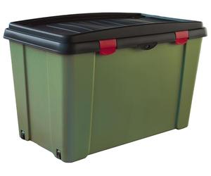 Kerbl Stefanplast Coffre de rangement, coffre de camping, olive/graphite, 79x47x51 cm, plastique, avec 4 roues, couvercle inclus