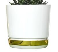 KERD Duo Pot De Fleur Rond 21 cm Blanc & Doré - Plastique Recyclé - Décoré Manuellement - avec Soucoupe - Drainage Intégré - Brillant - Fabriqué en Europe