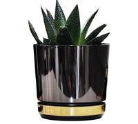 KERD Très Grand Pot de Fleurs Rond Bicolore 32 cm, Style Art Déco, Noir et Or Brillant, avec Soucoupe et Drainage, Plastique 100% Recyclé