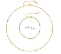 KesaPlan Ensemble collier de perles, plaqué or 14 carats, collier ras du cou réglable et bracelet de perles et boucles d'oreilles en perles pour femme, Cuivre, Perle