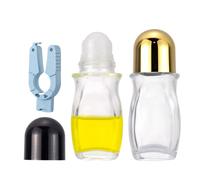 Kesell Lot de 2 flacons roller rechargeables en verre transparent de 50 ml pour huiles essentielles avec décapsuleur, bille roulante vide pour déodorant (bouchons dorés et noirs)