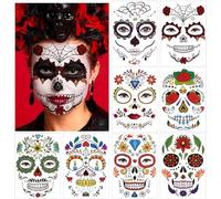 Kesote Tatouage Halloween pour Visage, 16 Feuilles Tatouages de Crâne de Sucre, Tatouages Éphémères pour Fête des Morts Cosplay Maquillage Halloween