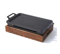 KESOTO Plateau Chauffant Rectangulaire Gril de Table Plaque Poêle Réchaud en Alliage d'Aluminium avec Support en Acier et Base Bois Surface Rainurée pour, 31cm 21cm 10cm